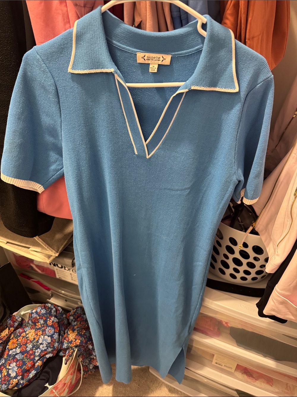 Nanette Lepore Sky Blue Knit Polo Midi Dress with White Trim